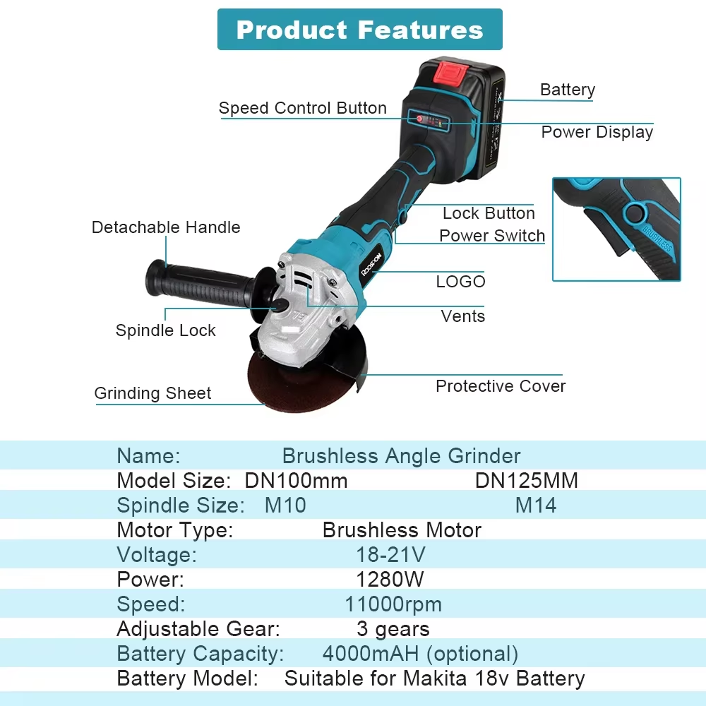 Brushless Angle Grinder Battery Powered - 125/100mm moedor de ângulo sem escova